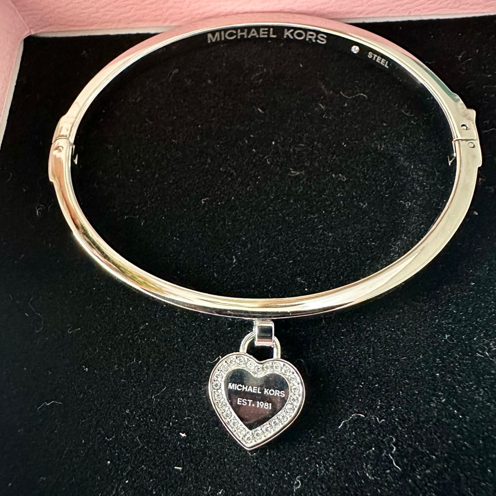 Michael Kors Silver Heart Charm Bangle with Crystal Accents